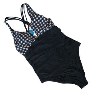 Cupshe Women's Check Spaghetti Strap Crossback One Piece Black Swimsuit medium
